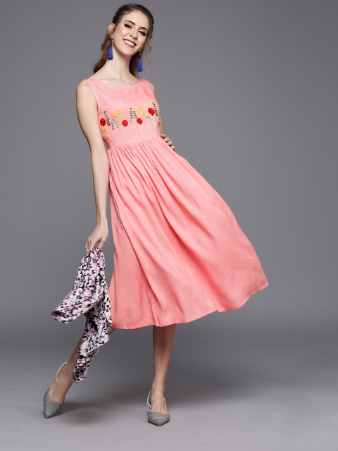 

AKS Couture Women Pink Solid Fit and Flare Dress With Embroidery