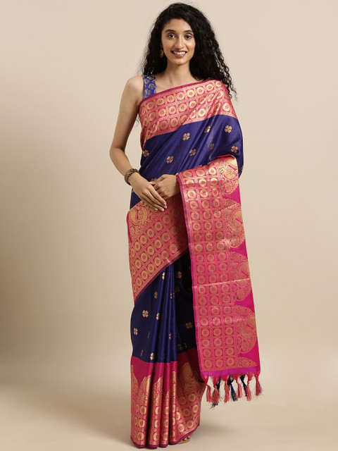 

VASTRANAND Navy Blue & Pink Silk Blend Woven Design Kanjeevaram Saree