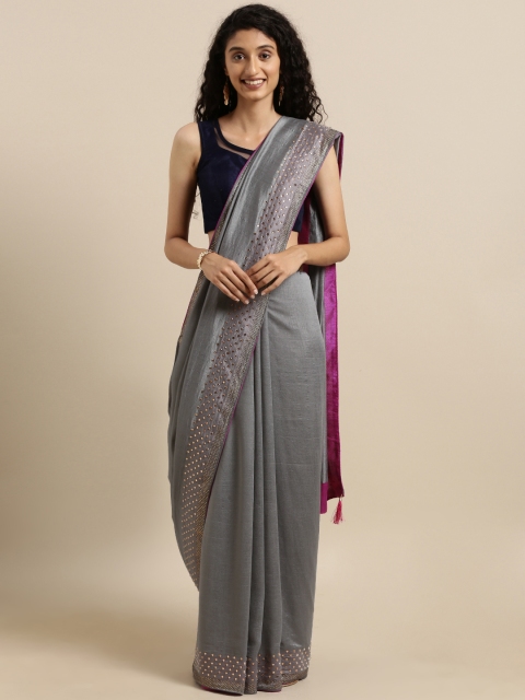 

VASTRANAND Grey Solid Poly Silk Saree With Embellished Border