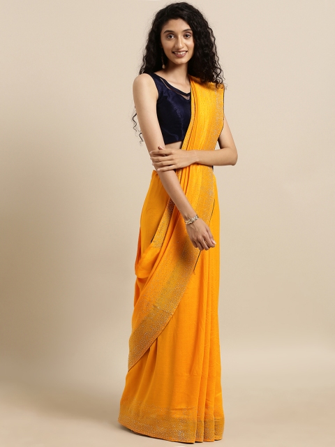 

VASTRANAND Mustard Yellow Solid Vichitra Poly Silk Saree with Embellished Border