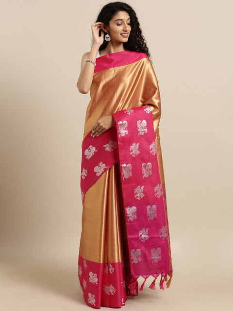 

VASTRANAND Gold-Coloured & Pink Kora Muslin Silk Blend Woven Design Kanjeevaram Saree