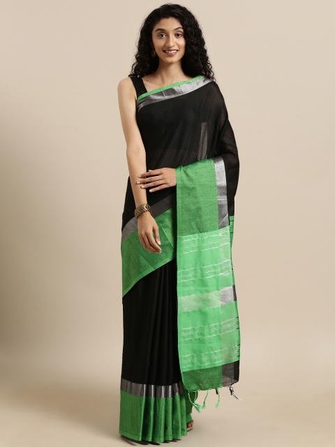 

VASTRANAND Black & Green Solid Angolla Linen Blend Saree