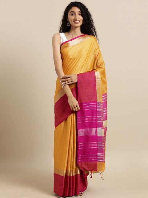 

VASTRANAND Mustard Yellow & Pink Linen Blend Solid Saree
