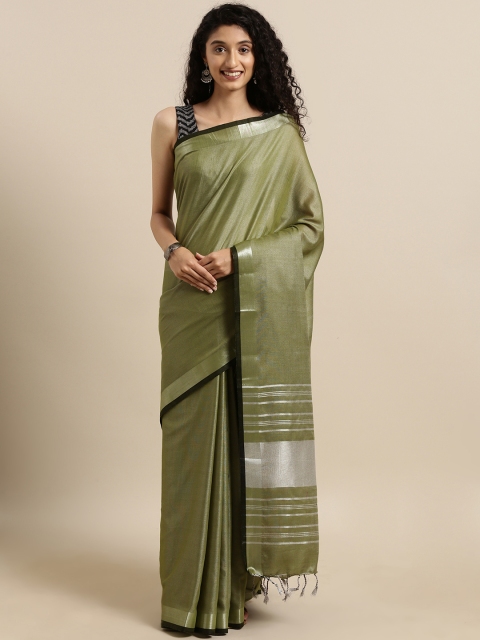 

VASTRANAND Olive Green Solid Linen Blend Saree