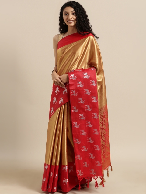 

VASTRANAND Gold-Coloured & Red Kora Muslin Silk Blend Woven Design Kanjeevaram Saree