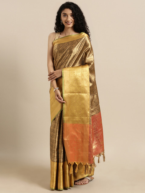 

VASTRANAND Brown & Gold-Toned Silk Blend Woven Design Kanjeevaram Saree