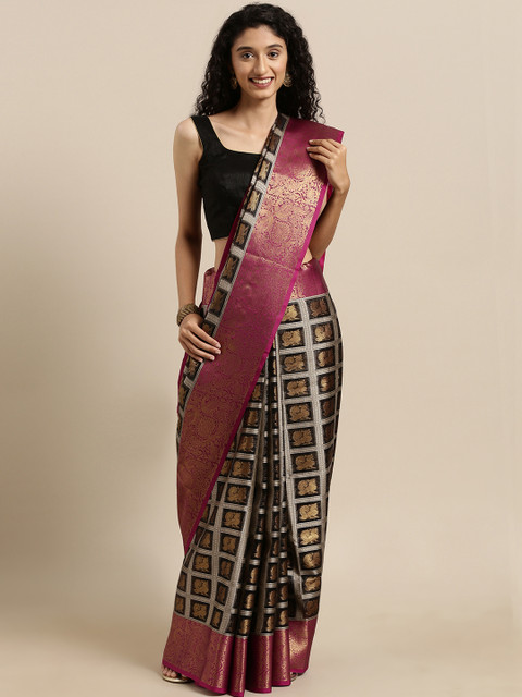 

VASTRANAND Black & Gold-Toned Tissue Woven Design Checked Kanjeevaram Kora Muslin Saree