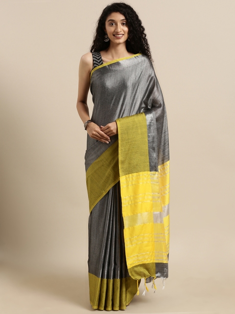 

VASTRANAND Grey & Yellow Linen Blend Solid Saree