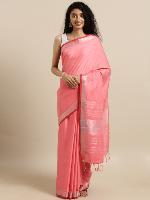 

VASTRANAND Coral Pink Solid Linen Blend Saree