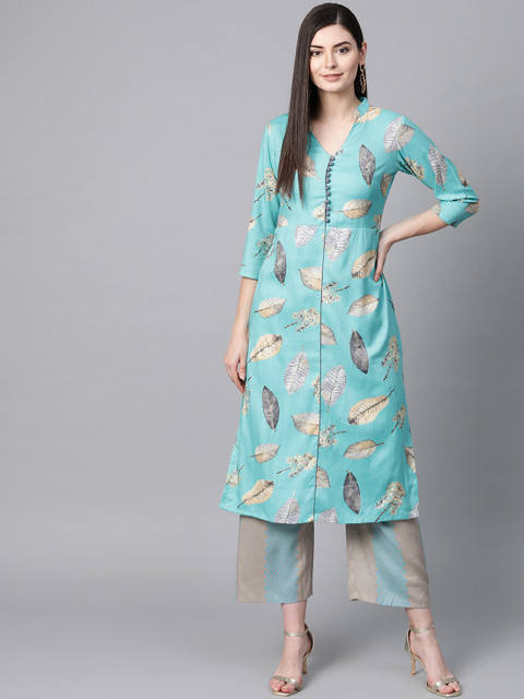 

Sbo Fashion Women Turquoise Blue & Beige Floral Print Kurta with Palazzos