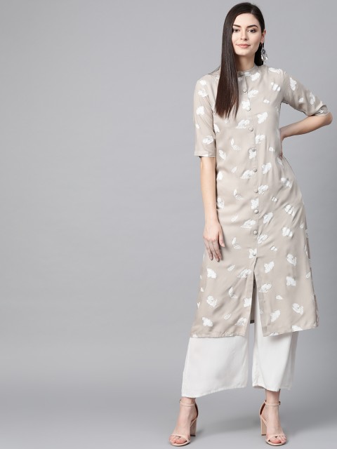 

Sbo Fashion Women Beige & White Feather Printed A-Line Kurta