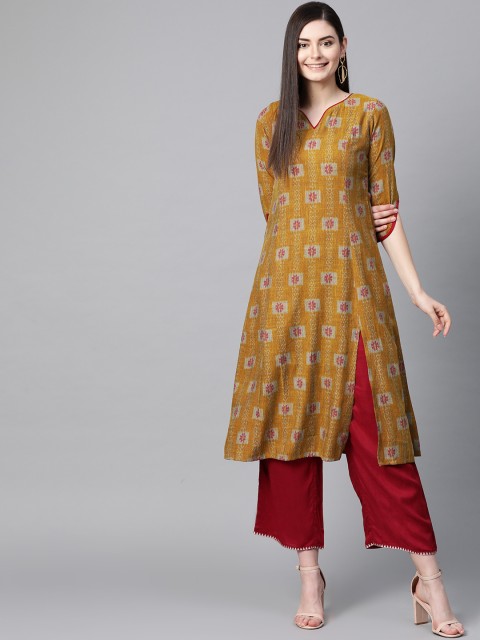 

Sbo Fashion Women Mustard Yellow & Off-White Printed A-Line Kurta