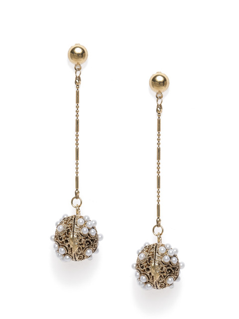 

ToniQ Gold-Toned & White Antique Circular Beaded Drop Earrings
