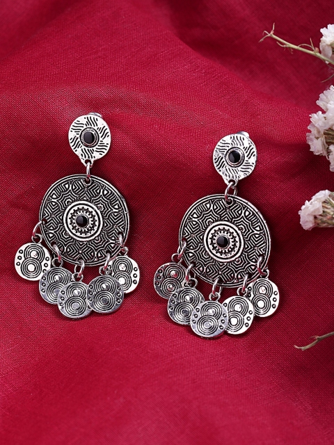 

ToniQ Silver-Toned Oxidised Circular Drop Earrings
