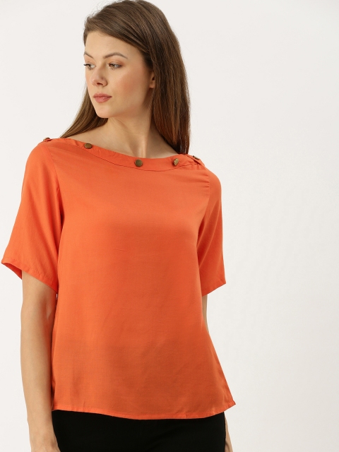 

AND Women Orange Solid Boat Neck Top With Embellishments