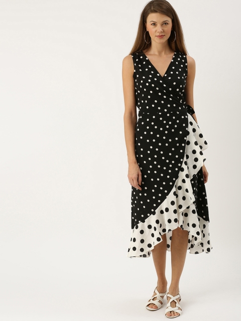 

AND Women Black & White Polka Dot Printed Wrap Dress With Ruffles