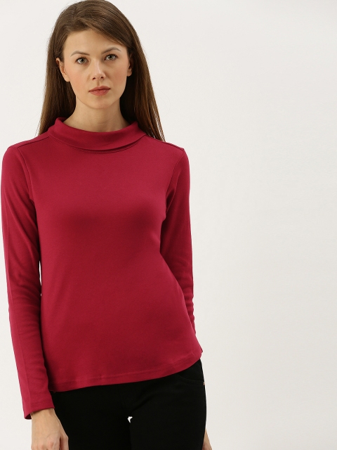 

AND Women Maroon Solid Round Neck with Fold-over Detail Regular Top
