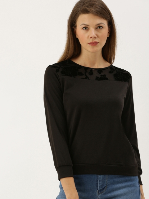 

AND Women Black Solid Knitted Top With Lace-Inserts