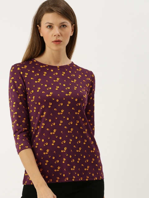 

AND Women Burgundy & Mustard Yellow Printed Knitted Top