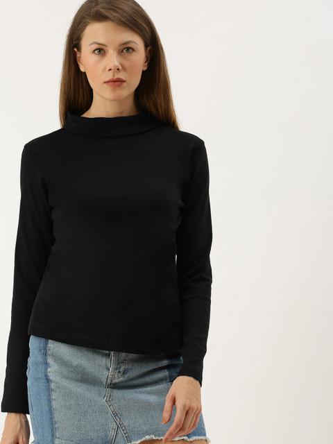 

AND Women Black Solid Round Neck with Fold-over Detail Regular Top