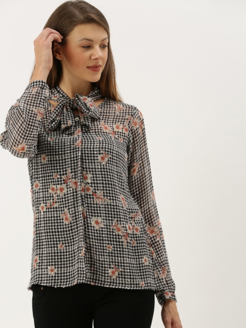 

AND Women Black & White Regular Fit Dobby Checked Casual Shirt with Tie-Up Neck