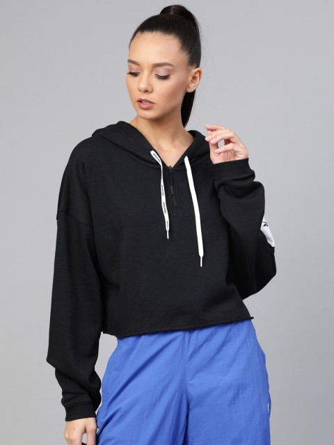 

Reebok Women Black WOR Meet You There 1/4 Zip Solid Hoodie