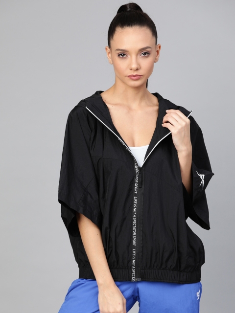 

Reebok Women Black Training Supply Full Zip Solid Hooded Sporty Jacket