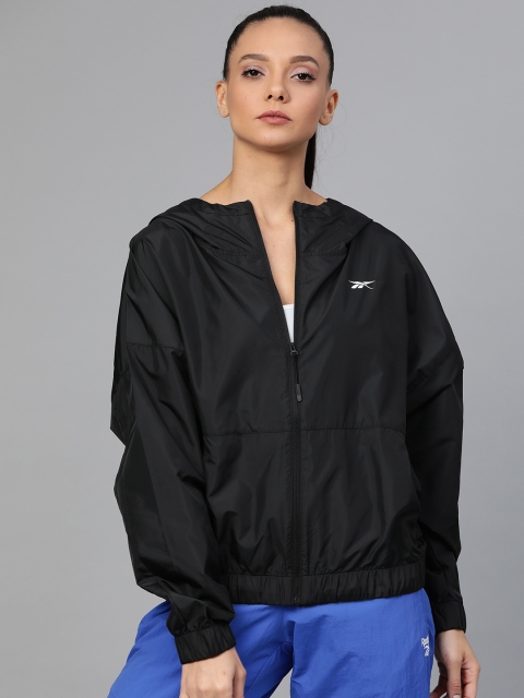 

Reebok Women Black Workout Ready Commercial Woven Lightweight Solid Hooded Training Jacket