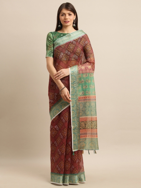 

Mitera Maroon & Mustard Yellow Cotton Blend Printed Bandhani Saree