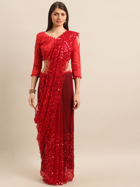 

Mitera Red Solid Supernet Saree With Embellished Detailing