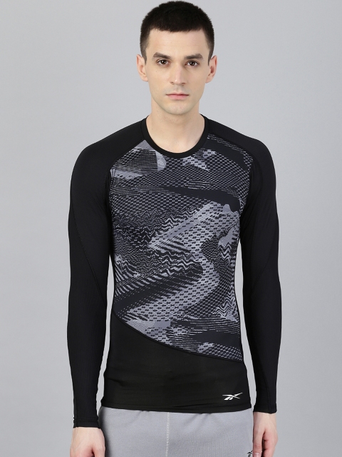 

Reebok Men Black & Grey TS LS Compression Fit AOP Printed Round Neck Training T-Shirt