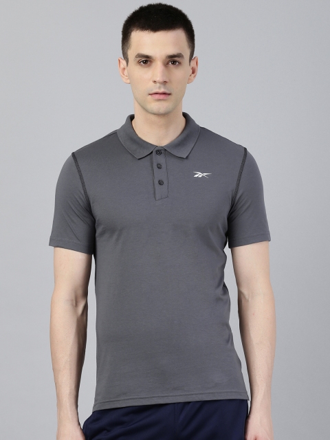 

Reebok Men Charcoal Grey Solid Slim Fit Polo Collar Training T-shirt