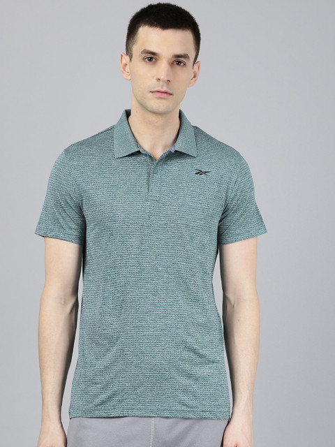 

Reebok Men Sea Green Self Design Essentials Polo Training T-shirt