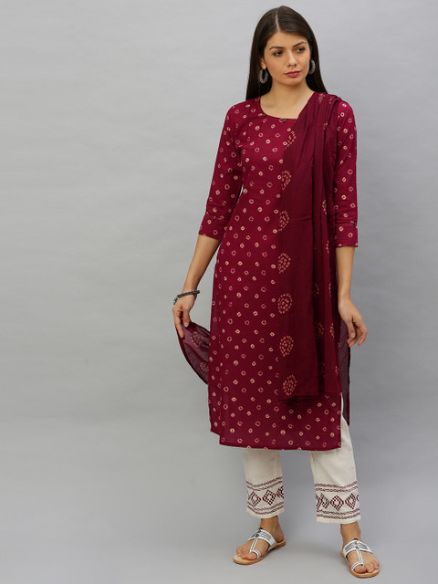 

Yufta Women Maroon & Off-White Printed Kurta with Palazzos & Dupatta
