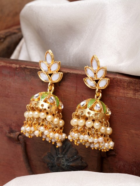 

Infuzze Green & Gold-Toned Dome Shaped Jhumkas