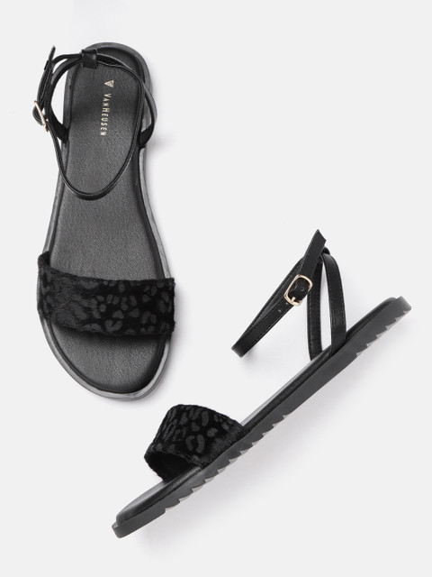 

Van Heusen Women Black Faux Fur Patterned Open Toe Flats