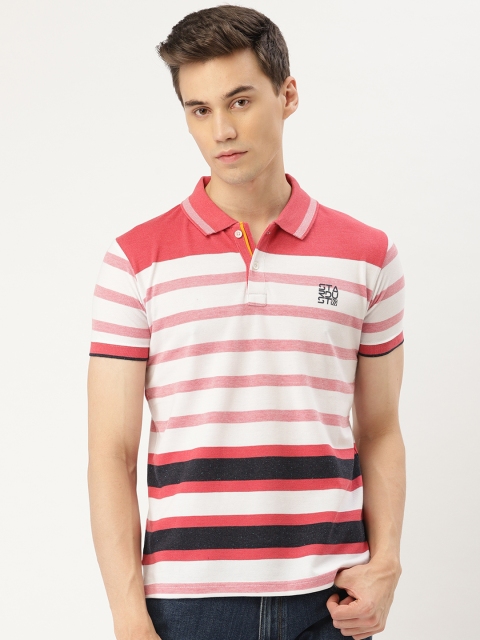 

Duke Men White & Coral Pink Striped Slim Fit Polo Collar T-shirt