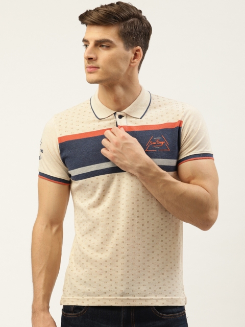 

Duke Men Cream-Coloured & Navy Blue Printed Smart Fit Polo Collar T-shirt