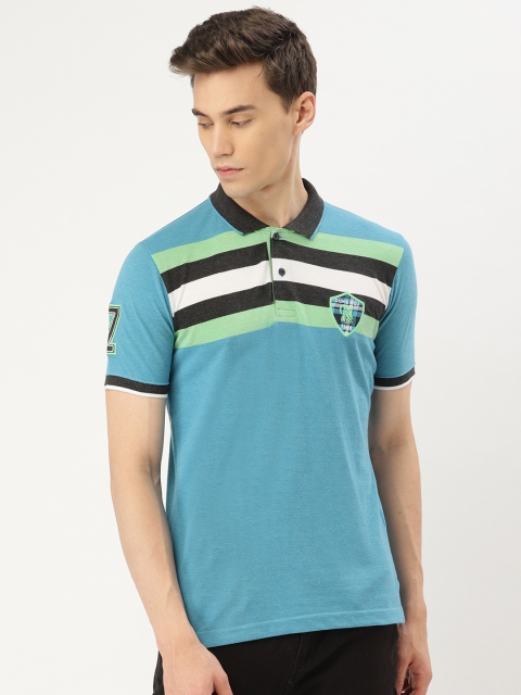 

Duke Men Blue & Charcoal Grey Striped Slim Fit Polo Collar T-shirt