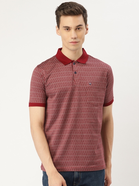

Duke Men Red & Off-White Self Design Polo Collar T-shirt