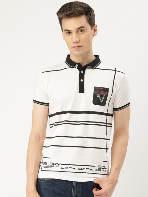 

Duke Men White & Black Striped Smart Fit Polo Collar T-shirt