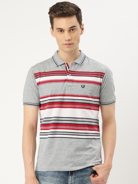 

Duke Men Grey Melange & White Striped Polo Collar T-shirt