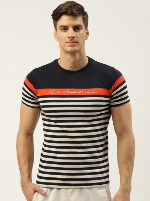 

Duke Men Navy Blue & White Smart Fit Striped Round Neck T-shirt