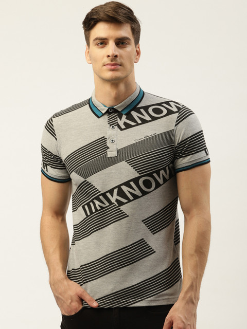 

Duke Men Grey Striped Smart Fit Polo Collar T-shirt with Printed Detail