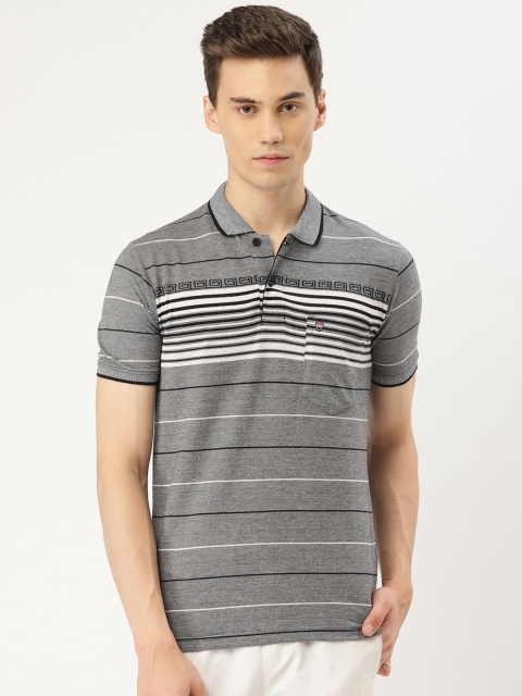 

Duke Men Grey Melange & Black Striped Polo Collar T-shirt