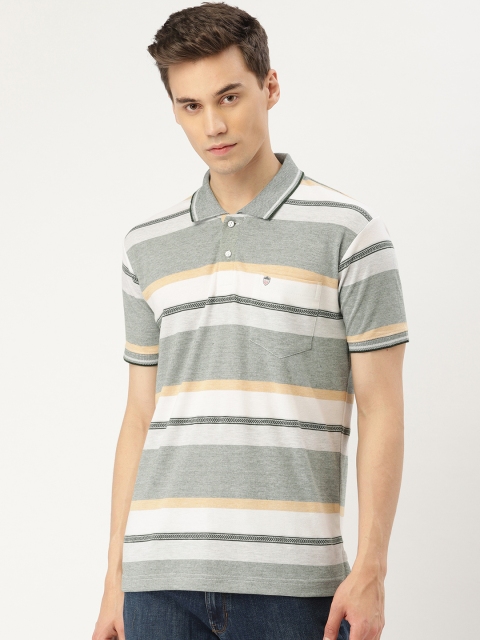 

Duke Men Grey & White Striped Polo Collar T-shirt