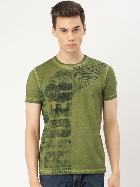 

Duke Men Olive Green Printed Slim Fit Round Neck T-shirt