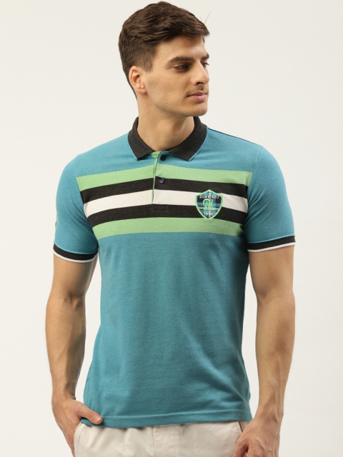 

Duke Men Teal Blue & Green Striped Polo Collar T-shirt