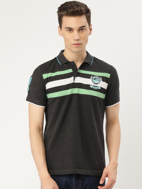 

Duke Men Charcoal Grey & Lime Green Striped Slim Fit Polo Collar T-shirt