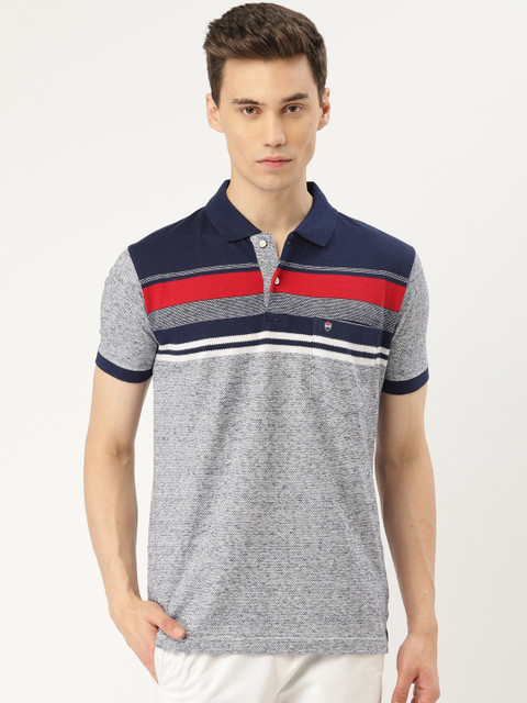 

Duke Men Grey Melange & Navy Blue Striped Polo Collar T-shirt